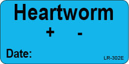 Blue Heartworm sticker with positive and negative symbols and date field.

