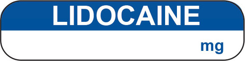 Blue and white LIDOCAINE syringe label with large top text
