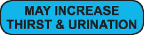 Blue rounded rectangle sticker with black text MAY INCREASE THIRST & URINATION