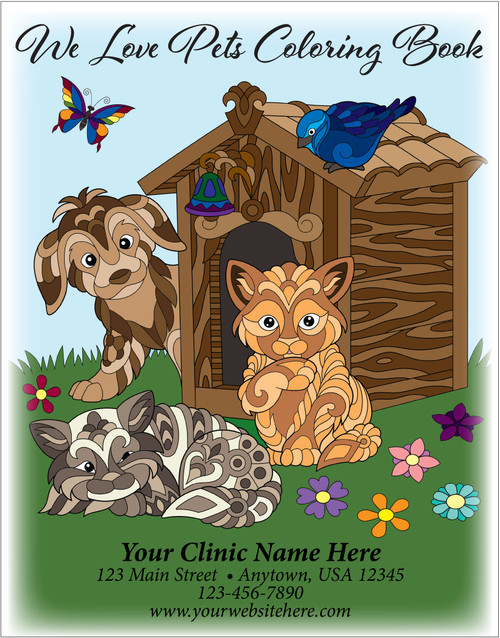 Decorative pet-themed personalized coloring book featuring detailed dog and cat illustrations around a pet house, flowers, birds, and butterfly. Interior pages contain intricate dog and cat coloring designs and a custom clinic information area on the cover.

