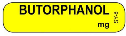 Yellow BUTORPHANOL syringe label with bold black centered text and mg in corner