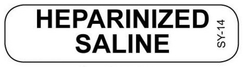 White HEPARINIZED SALINE syringe label with bold black stacked text