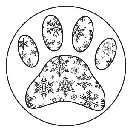 Round veterinary envelope seal featuring a paw print filled with assorted black snowflake patterns inside a circular border.

