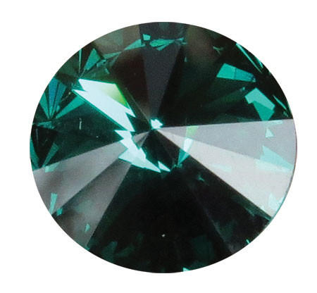 Round May crystal gemstone with an emerald-green faceted design and reflective surface, shown individually and displayed as an accent option on a memorial paw print keepsake.

