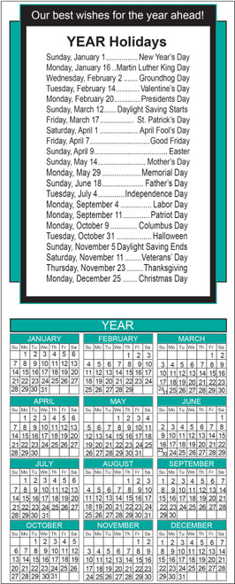 Slim calendar featuring a vibrant watercolor paw print with paint splash effects, teal month headers, gray background, and personalized business imprint area.