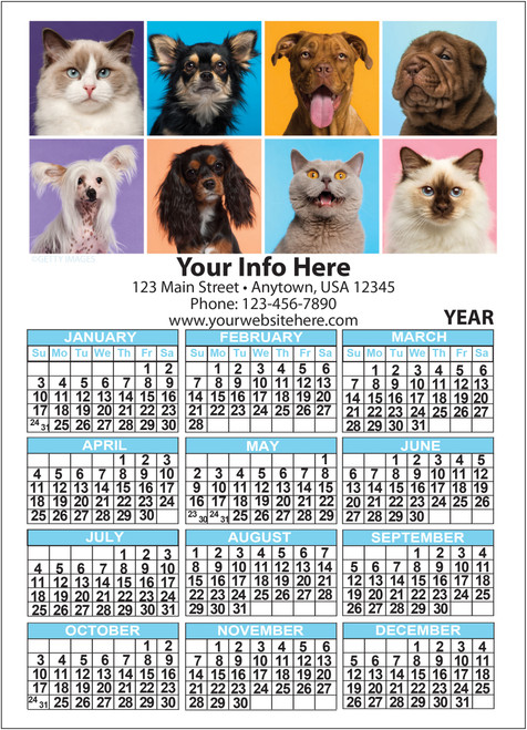 Personalized magnetic calendar featuring eight cat and dog portrait photographs in colorful square panels, custom business information area, and year-at-a-glance calendar with blue month headers.

