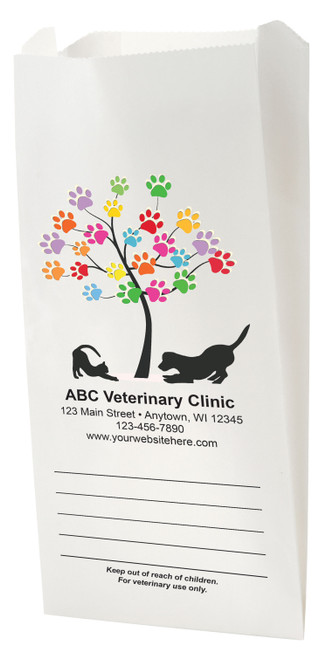 White Paper veterinary prescription bag with colorful paw print tree and pet silhouette design.