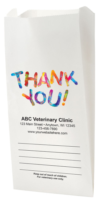 White Paper veterinary prescription bag with bold geometric Thank You design.