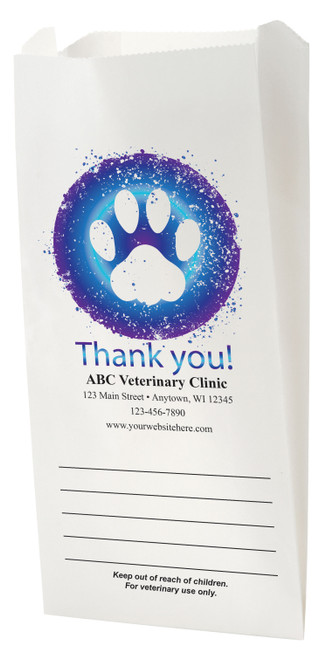 White Paper veterinary prescription bag with glowing paw print and Thank You design.