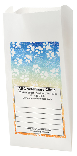 White Paper veterinary prescription bag with gradient paw print pattern design.