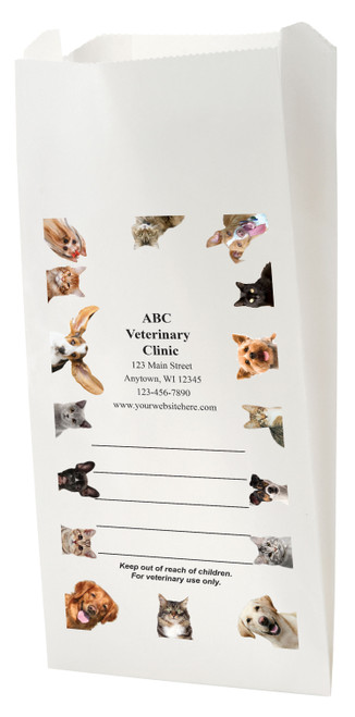 White Paper veterinary prescription bag with pet photo collage design.