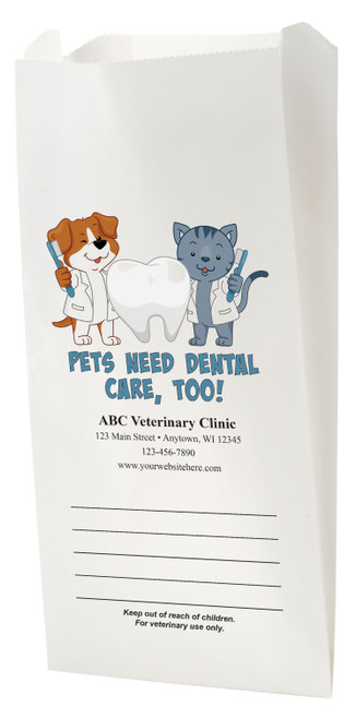 White Paper veterinary prescription bag with fun pet dental care design.