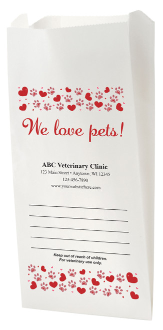 White Paper veterinary prescription bag with heart and paw print border and We Love Pets design.