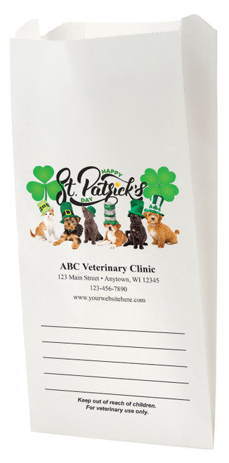 White Paper veterinary prescription bag with St. Patricks Day design..