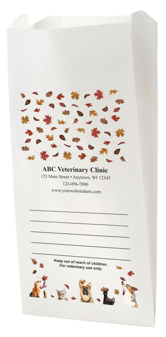 White Paper veterinary prescription bag with fall leaves and pet photo design.