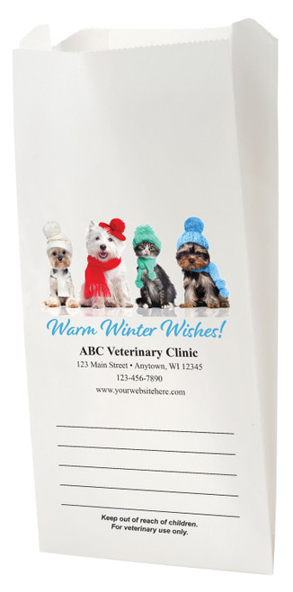 White Paper veterinary prescription bag with winter pet photo design. and warm wishes text.