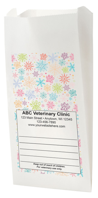White Paper veterinary prescription bag with colorful snowflakes and paw prints