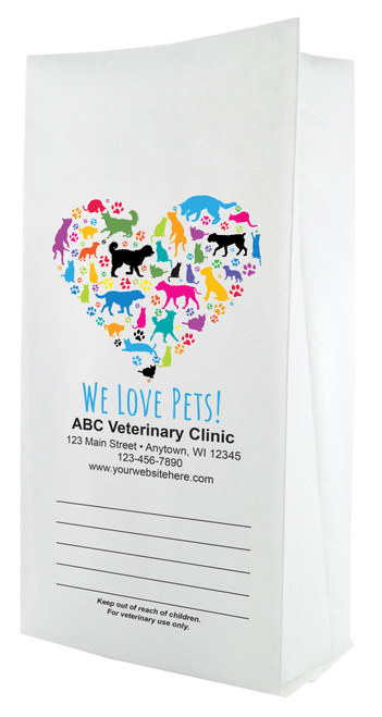 White paper veterinary prescription bag featuring veterinary prescription bags with colorful pet silhouettes in heart We Love Pets design