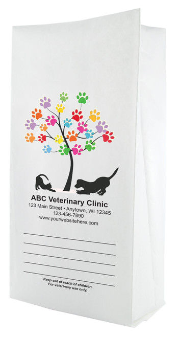 White paper veterinary prescription bag featuring veterinary prescription bags with colorful paw print tree and pet silhouette design