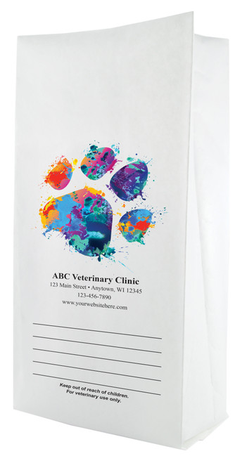 White paper veterinary prescription bag featuring veterinary prescription bags with vibrant paint splash paw print design