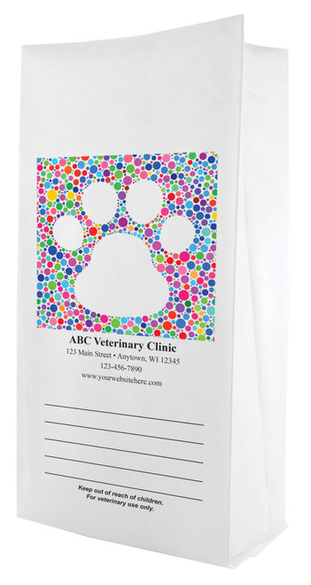 White paper veterinary prescription bag featuring veterinary prescription bags with colorful dot paw print design