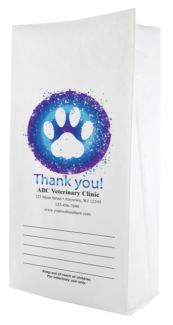 White paper veterinary prescription bag featuring veterinary prescription bags with glowing paw print and Thank You design