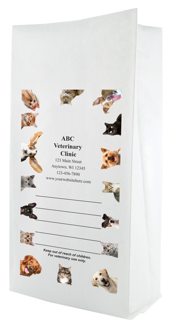 White paper veterinary prescription bag featuring veterinary prescription bags with real pet photo border design