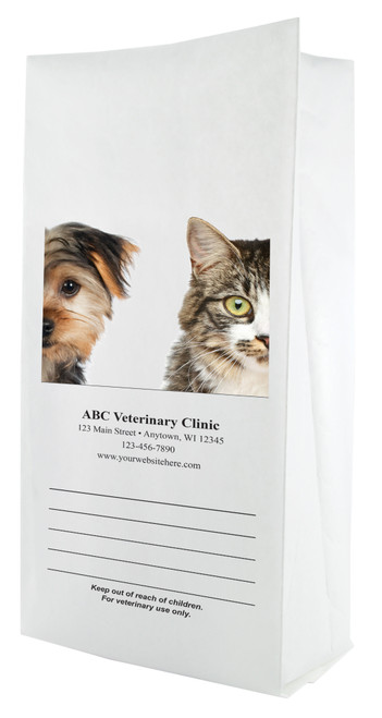 White paper veterinary prescription bag featuring veterinary prescription bags with dog and cat close-up photo design