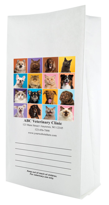 White paper veterinary prescription bag featuring veterinary prescription bags with colorful pet photo grid design