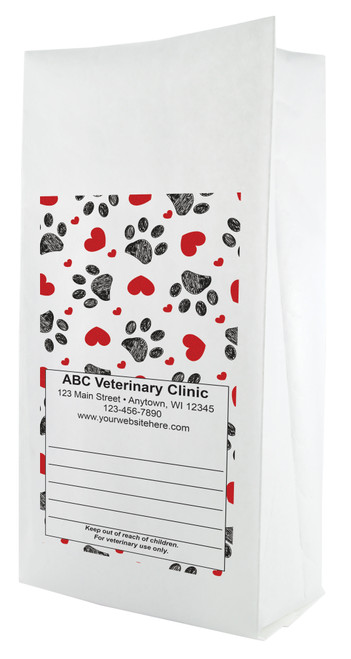 White paper veterinary prescription bag featuring veterinary prescription bags with red heart and paw print pattern design