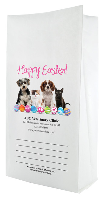 White paper veterinary prescription bag featuring veterinary prescription bags with Happy Easter pets and colorful eggs design