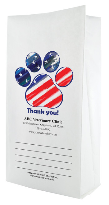 White paper veterinary prescription bag featuring veterinary prescription bags with patriotic paw print and Thank You design