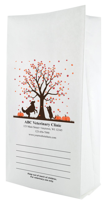 White paper veterinary prescription bag featuring veterinary prescription bags with autumn tree, falling leaves, and playful pet silhouettes