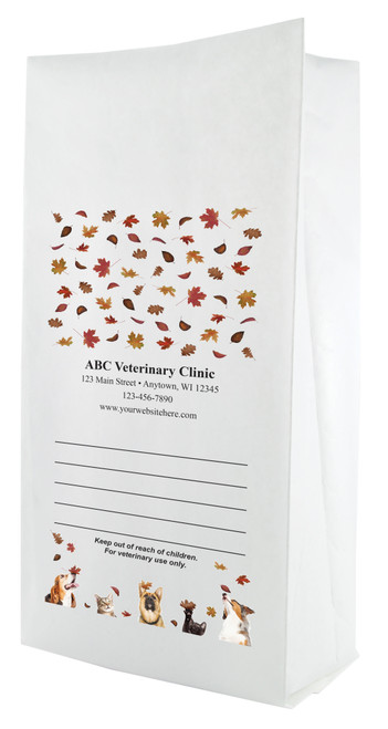 White paper veterinary prescription bag featuring veterinary prescription bags with autumn leaves pattern and playful pet photo border
