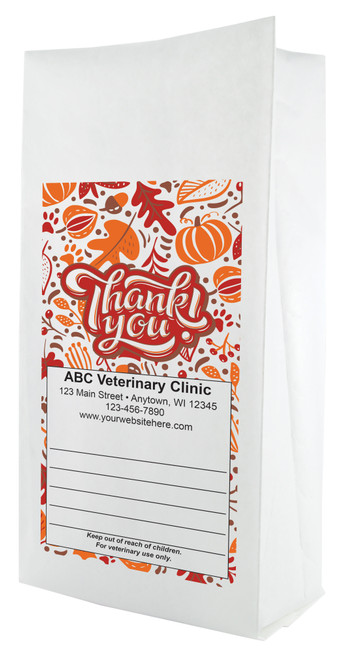 White paper veterinary prescription bag featuring veterinary prescription bags with autumn Thank You design, pumpkins, and fall leaves