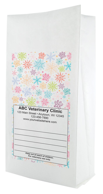 White paper veterinary prescription bag featuring veterinary prescription bags with colorful snowflakes and paw prints pattern