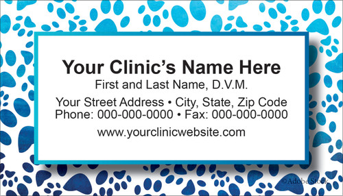 Veterinary business card featuring blue paw prints surrounding a white contact information panel with a blue border and black typography.

