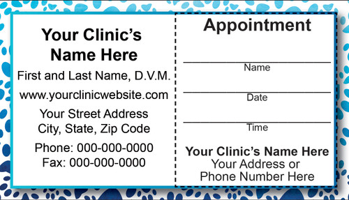 Veterinary sticker appointment business card with blue paw print border, gray center panel, clinic information area, and peel-off appointment reminder section.

