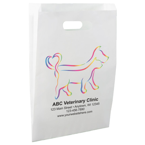 White die-cut handle paper bag featuring rainbow-colored line art forming dog and cat outlines with a heart-shaped tail design.

