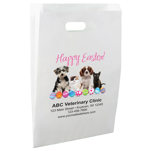 White die-cut handle paper bag featuring dog and cat portraits, colorful Easter eggs, and the decorative message "Happy Easter!"

