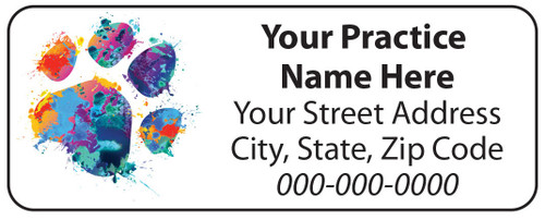 Veterinary label with colorful paint-style paw print and address text