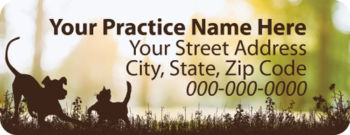 Veterinary label with outdoor background and running dog and cat silhouettes