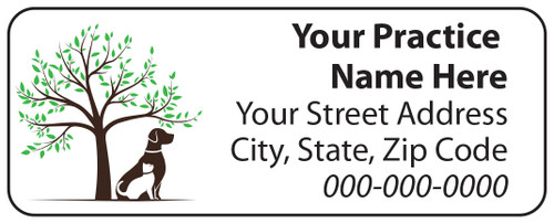 Veterinary label with tree, green leaves, and dog and cat silhouettes