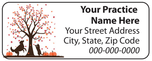 Veterinary label with autumn tree, falling leaves, dog and cat silhouettes, and pumpkins