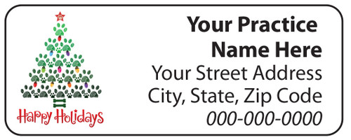 Veterinary label with paw print Christmas tree, ornaments, and Happy Holidays text