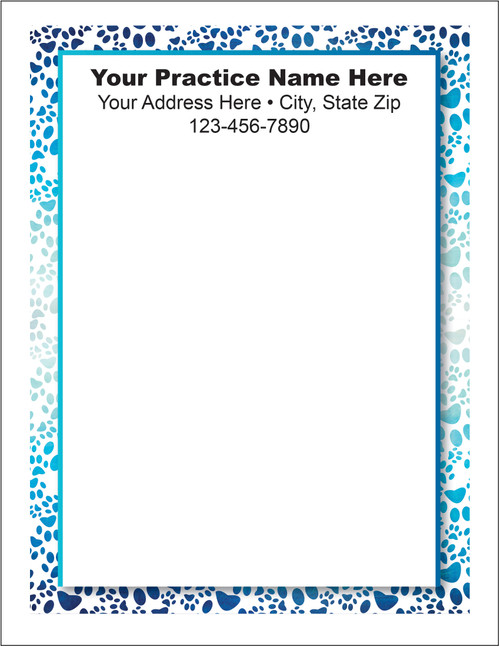 Blue paw print border surrounding the page with a blue inner frame, large writing area, and veterinary practice information at the top.

