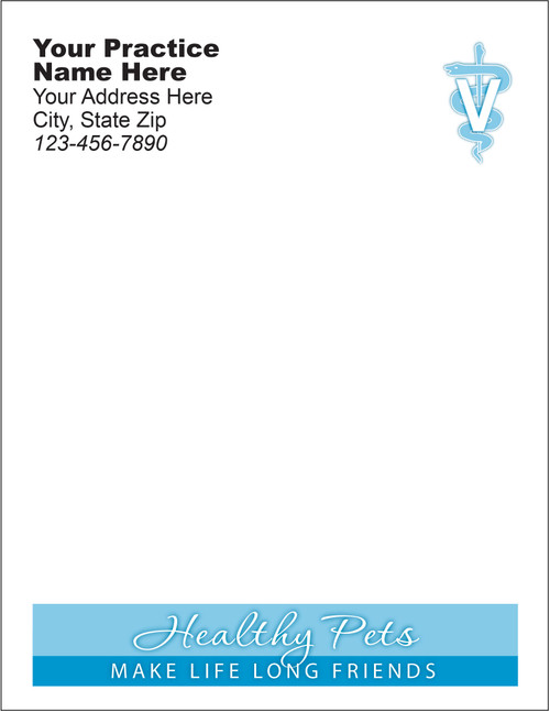 Light blue veterinary symbol in the upper right corner with a blue Healthy Pets banner across the bottom and practice information at the top.

