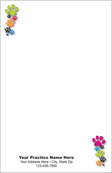 Half-size veterinary notepad with colorful paw print clusters in the upper left and lower right corners, gray background, and practice information area at the bottom.

