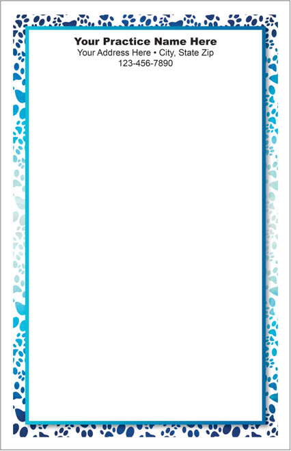 Half-size veterinary notepad featuring a blue paw print border surrounding a large central writing area with practice information centered at the top.

