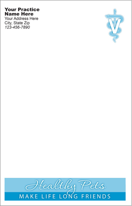 Half-size veterinary notepad featuring a blue Healthy Pets banner at the bottom and a veterinary V symbol with serpent graphic in the upper right corner.

